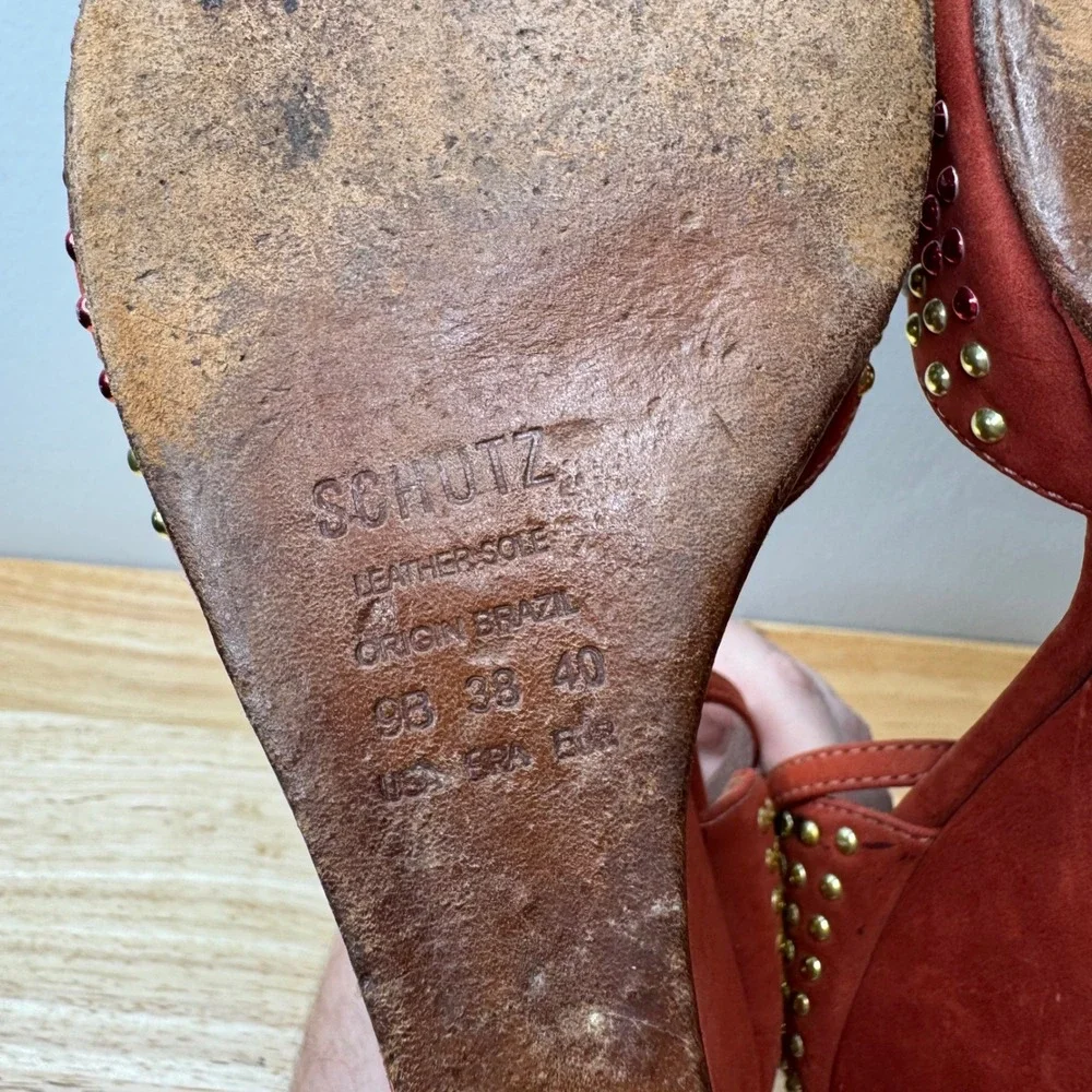 Schutz Burnt Orange Suede Studded Wedge Sandals Peep Toe Ankle Strap Size 9B